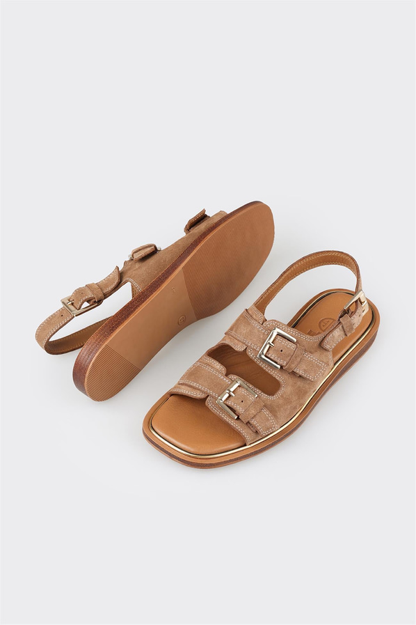 Taba deri ve süet düz bantlı kadın sandalet, klasik stil için - Elle Shoes