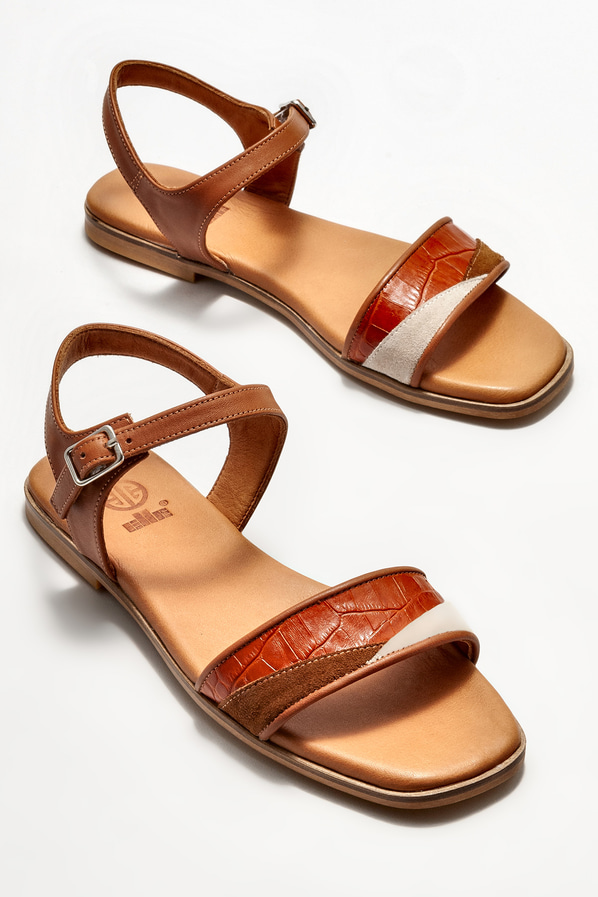 Taba deri düz kadın sandalet - Elle Shoes