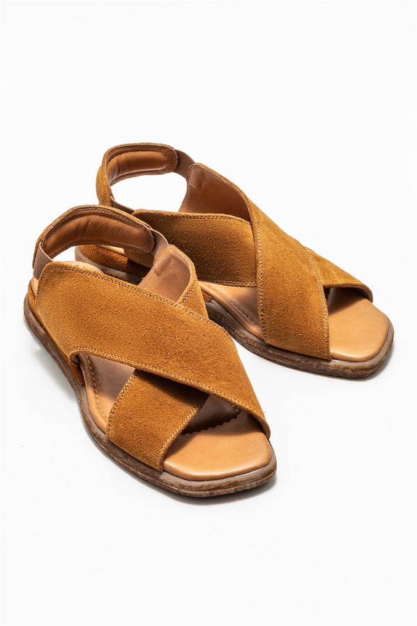Taba deri düz kadın sandalet - Elle Shoes