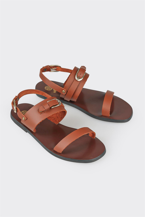 Taba deri düz kadın sandalet - Elle Shoes