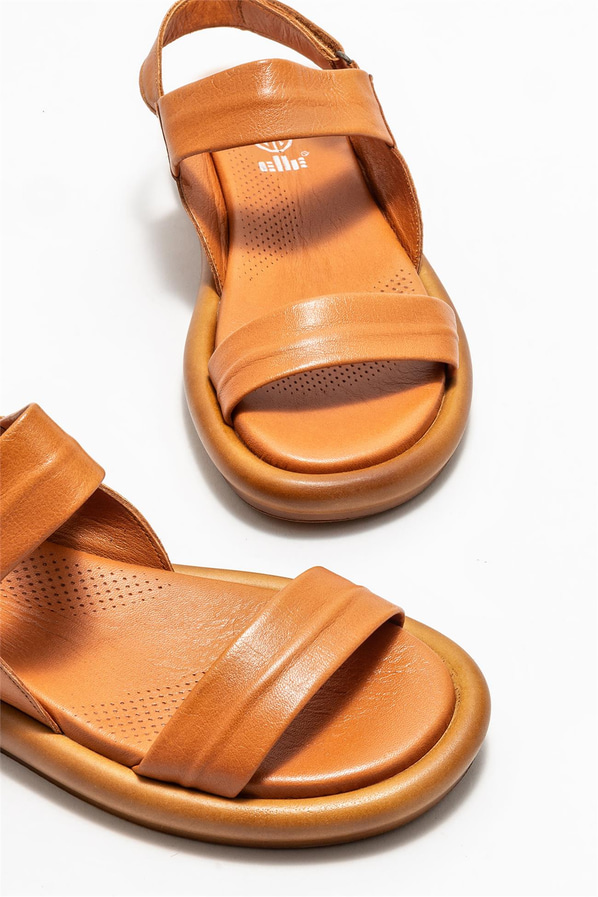 Taba deri düz kadın sandalet - Elle Shoes