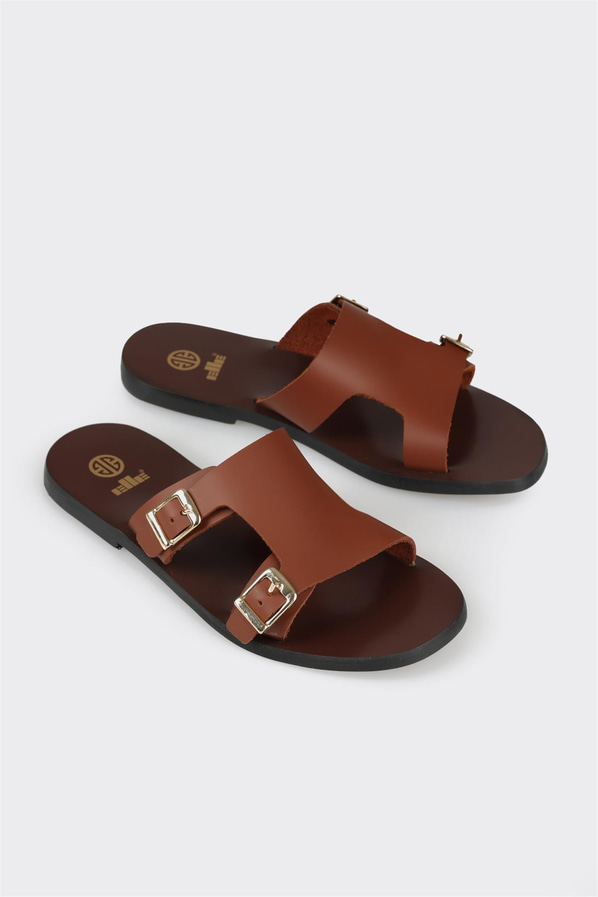 Taba deri düz kadın terlik - Elle Shoes