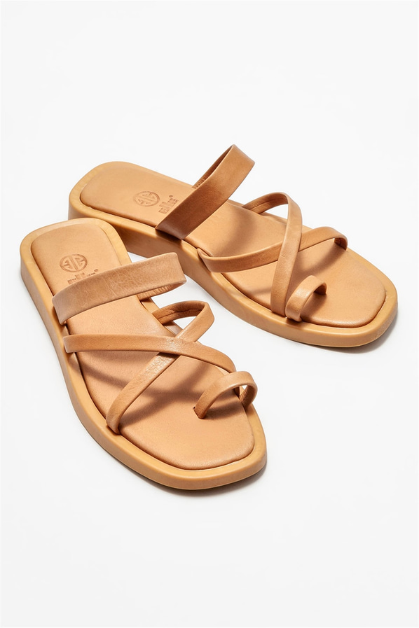 Taba deri düz kadın terlik - Elle Shoes