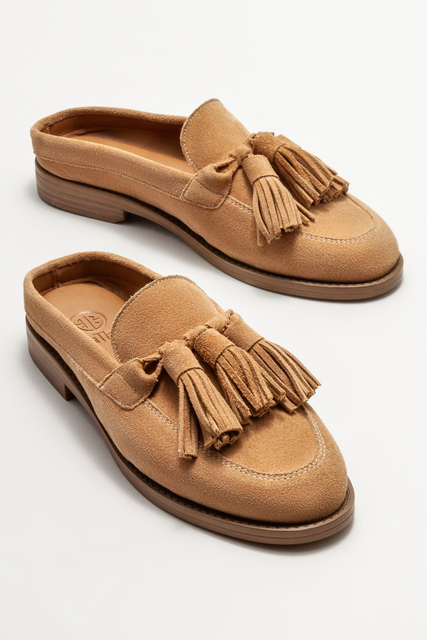 Taba deri düz kadın terlik - Elle Shoes