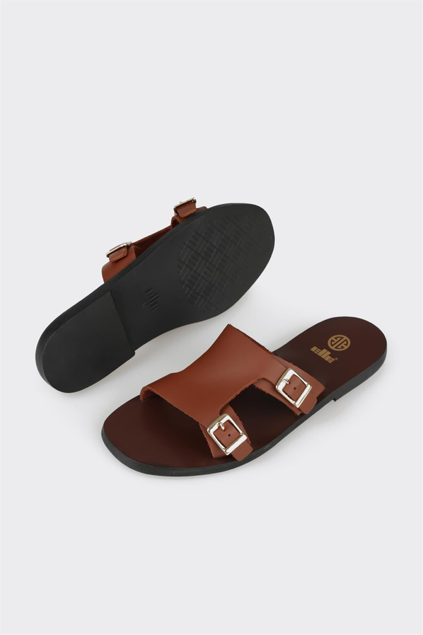 Taba deri düz kadın terlik - Elle Shoes