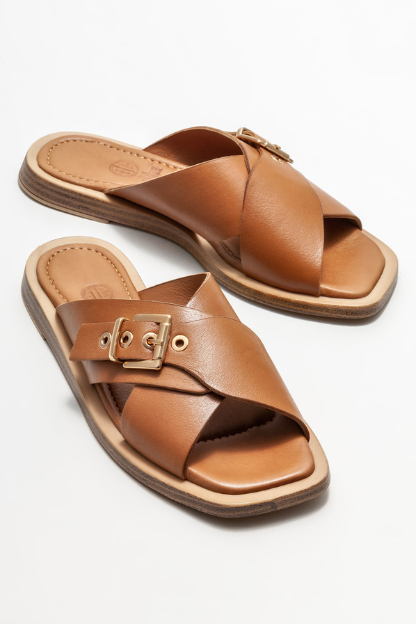 Taba deri düz kadın terlik - Elle Shoes