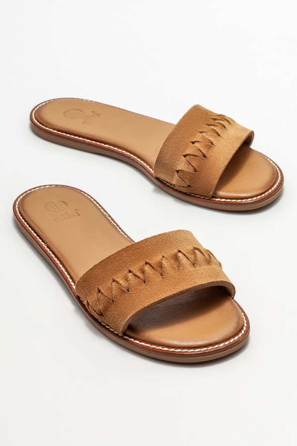Taba deri düz kadın terlik - Elle Shoes