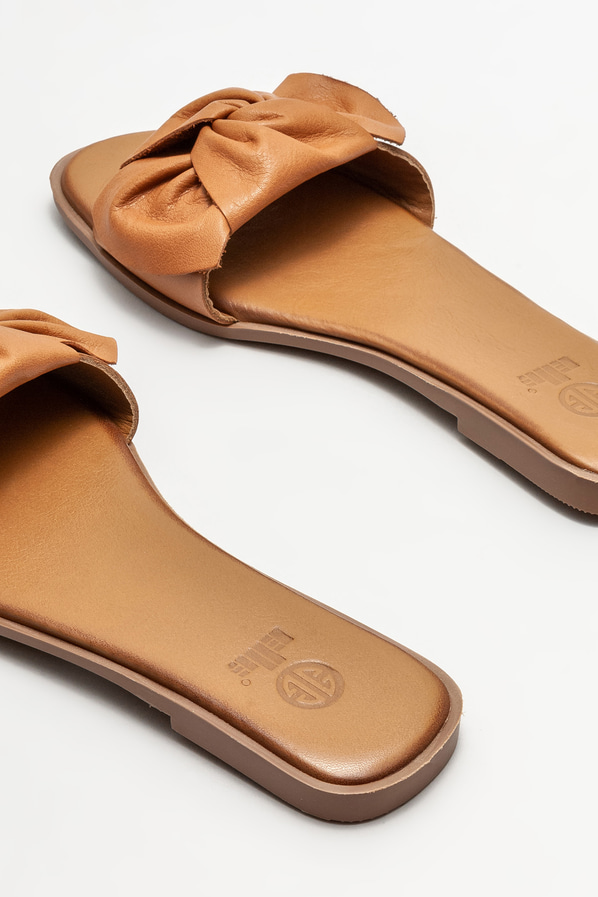 Taba deri düz kadın terlik - Elle Shoes