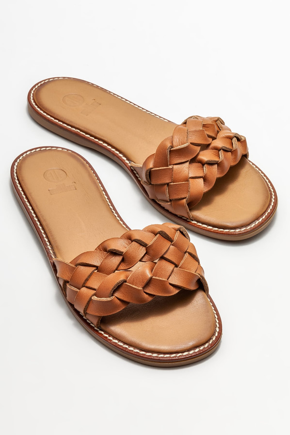Taba deri düz kadın terlik - Elle Shoes