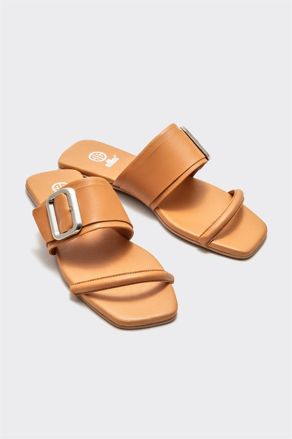 Taba deri düz kadın terlik - Elle Shoes