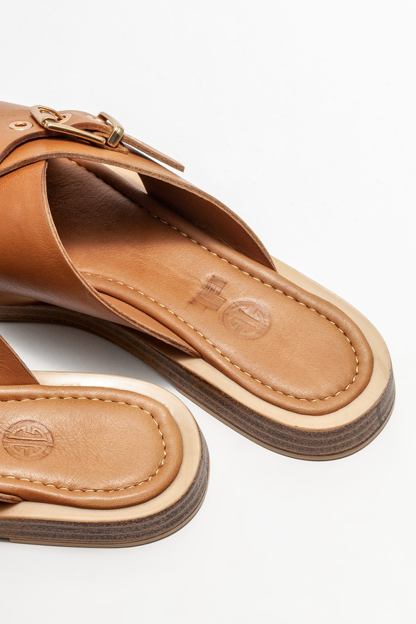 Taba deri düz kadın terlik - Elle Shoes