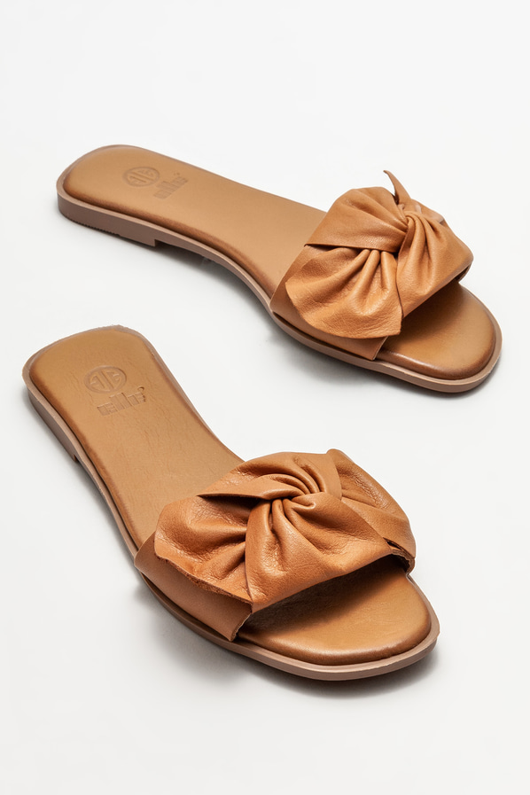Taba deri düz kadın terlik - Elle Shoes