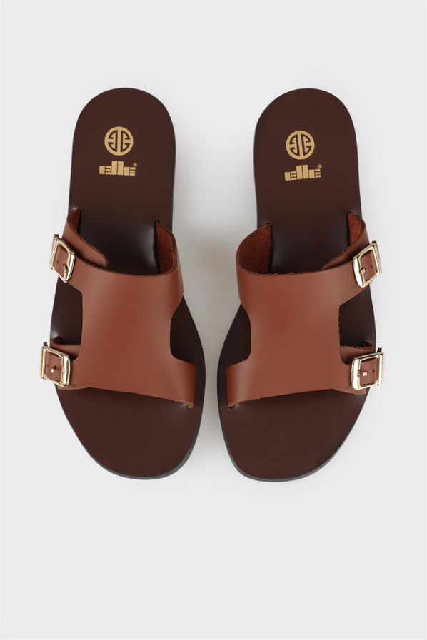Taba deri düz kadın terlik - Elle Shoes