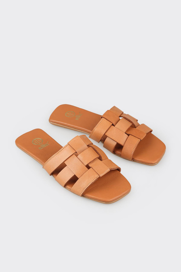 Taba deri düz kadın terlik - Elle Shoes