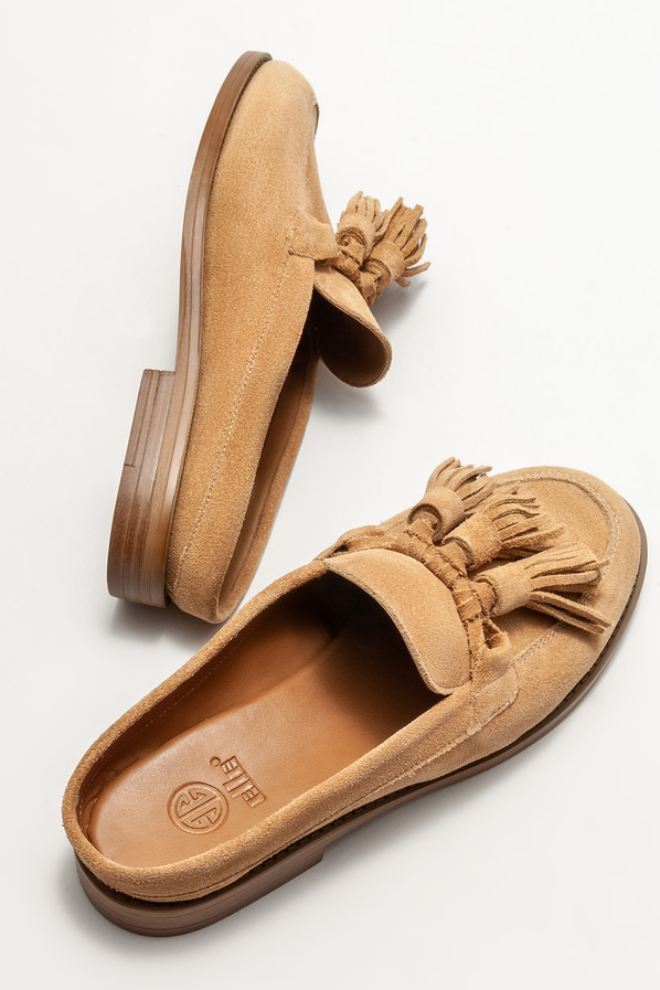 Taba deri düz kadın terlik - Elle Shoes