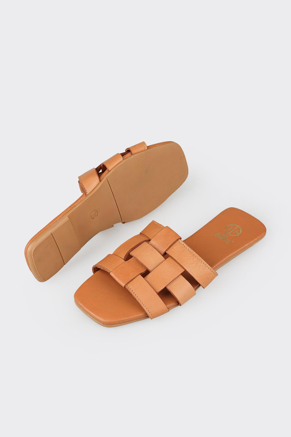 Taba deri düz kadın terlik - Elle Shoes