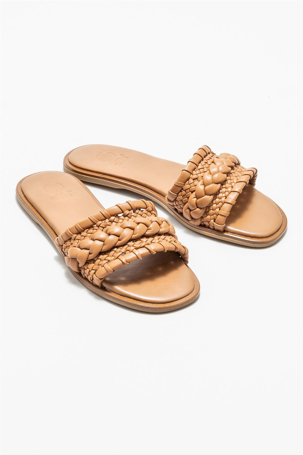Taba deri düz kadın terlik - Elle Shoes