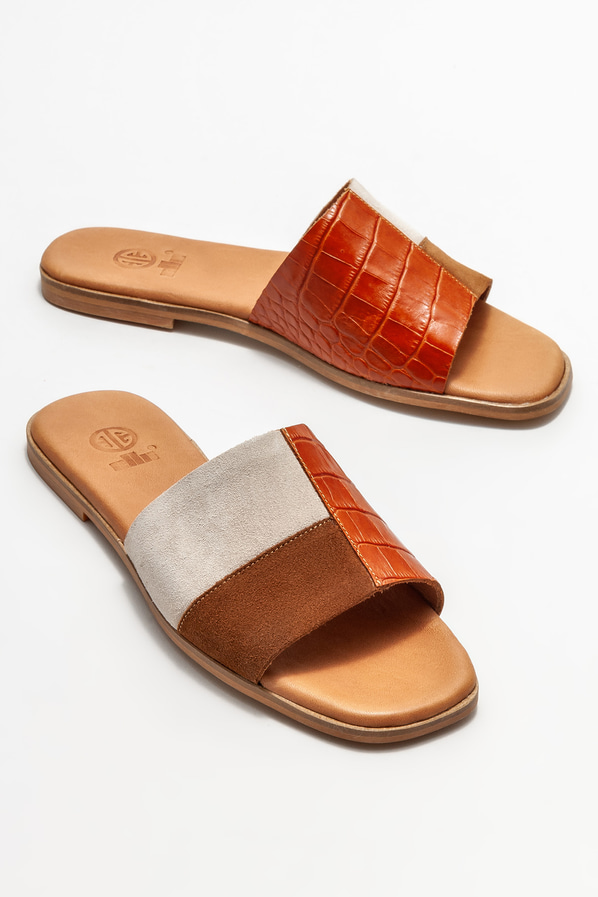 Taba deri düz kadın terlik - Elle Shoes