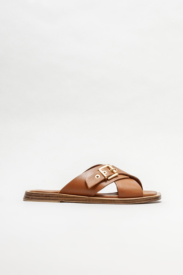 Taba deri düz kadın terlik - Elle Shoes