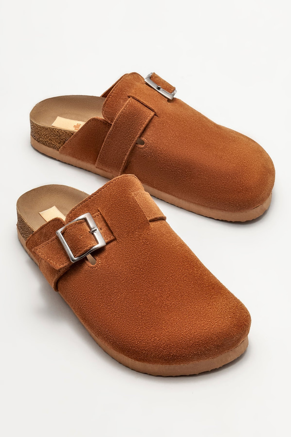 Taba deri düz kadın terlik - Elle Shoes