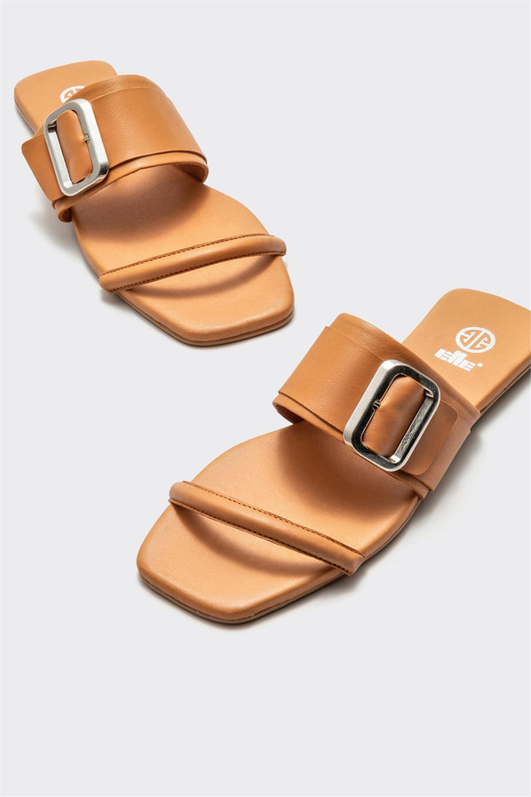 Taba deri düz kadın terlik - Elle Shoes