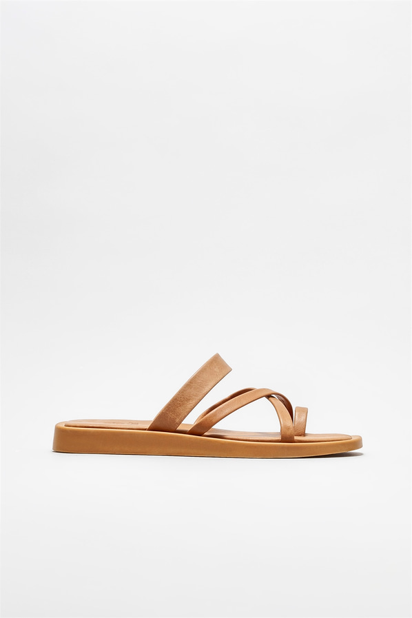Taba deri düz kadın terlik - Elle Shoes