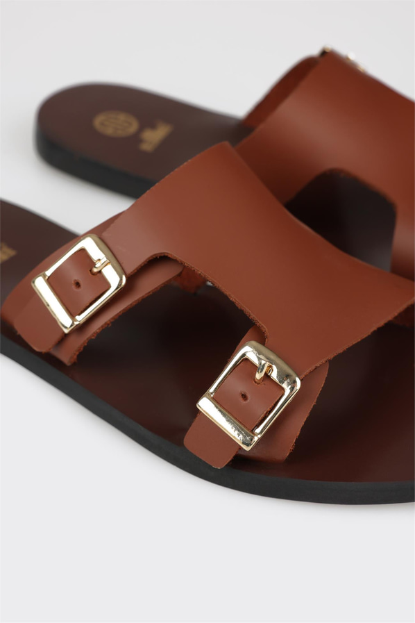 Taba deri düz kadın terlik - Elle Shoes