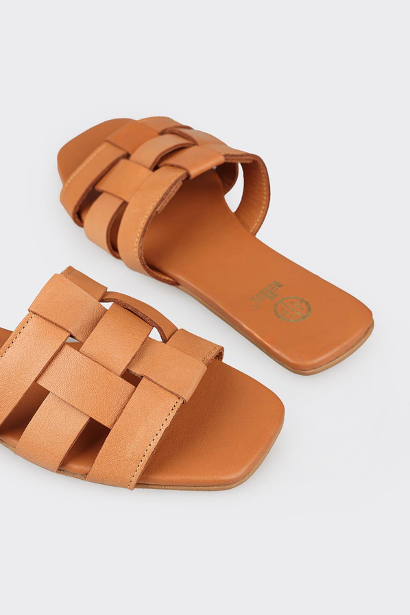 Taba deri düz kadın terlik - Elle Shoes