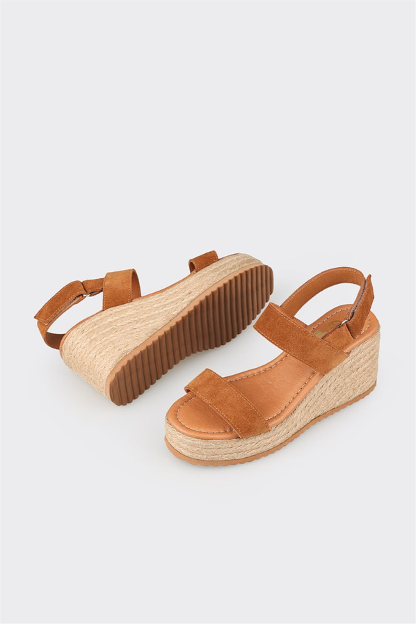 Taba deri ve hasır dokulu kadın espadril - Elle Shoes