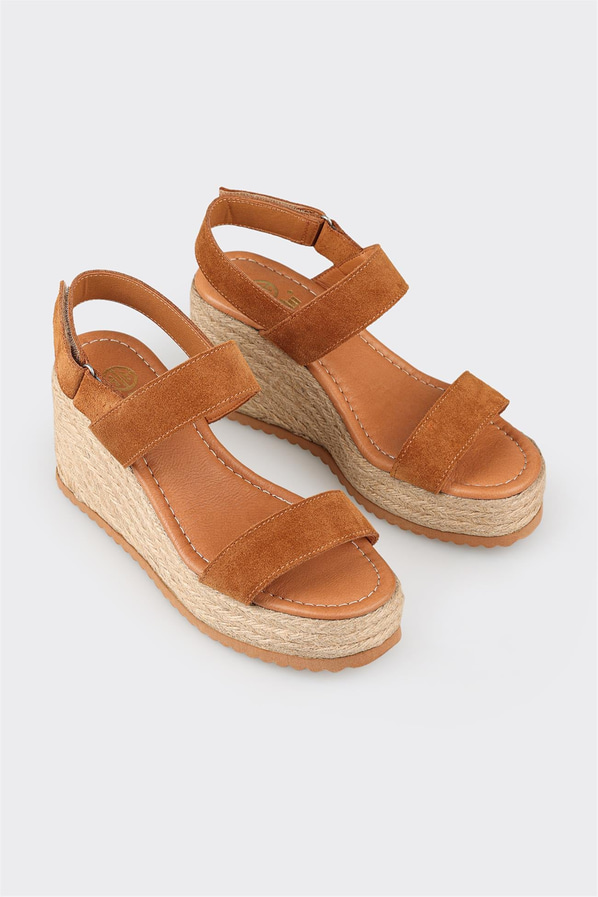 Taba deri ve hasır dokulu kadın espadril - Elle Shoes