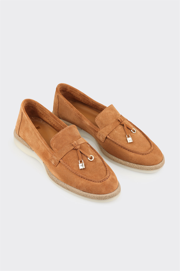 Taba deri kadın loafer, günlük kullanım için - Elle Shoes