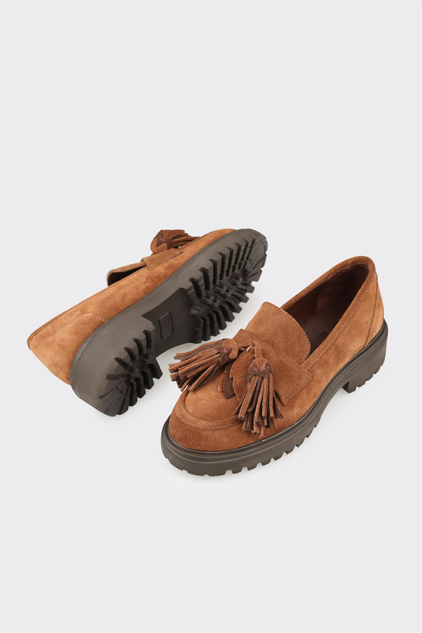 Taba deri örgü dokulu kadın loafer, ofis stili için - Elle Shoes