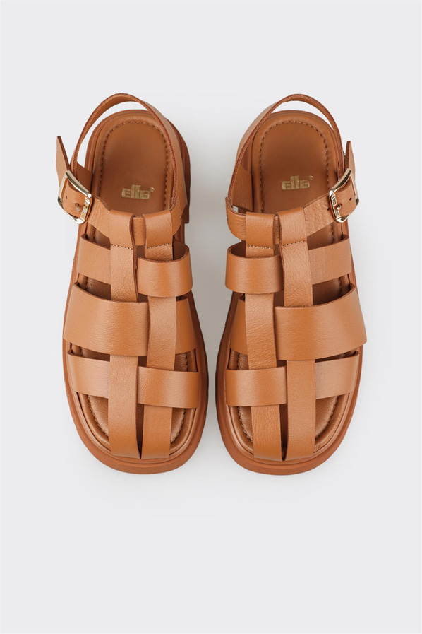 Taba deri düz kadın sandalet, rahat kullanım için - Elle Shoes