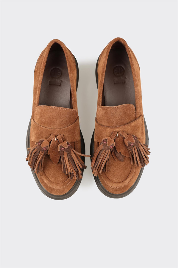 Taba deri örgü dokulu kadın loafer, ofis stili için - Elle Shoes