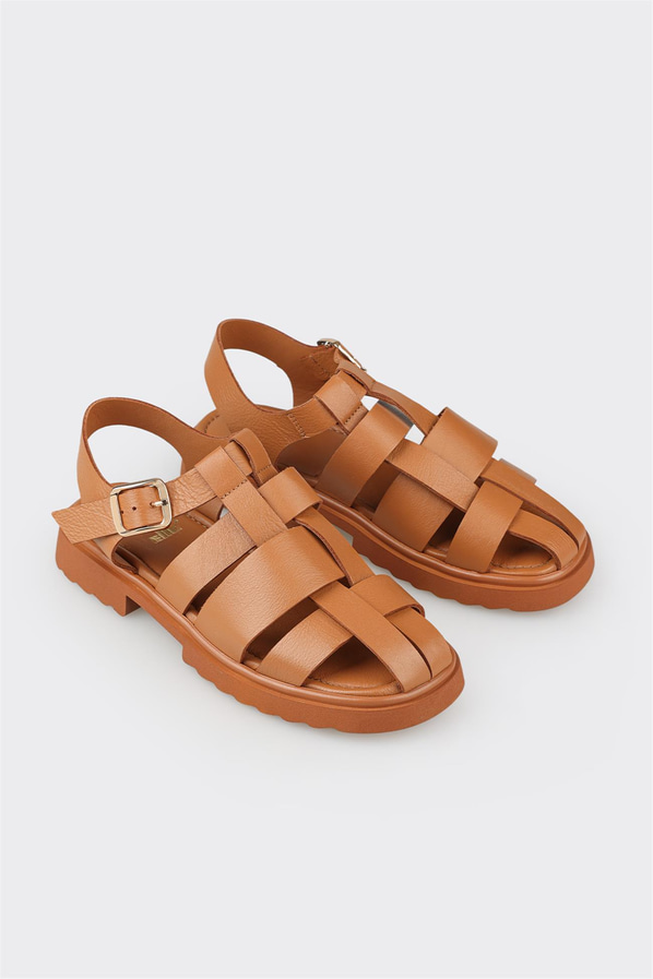 Taba deri düz kadın sandalet, rahat kullanım için - Elle Shoes