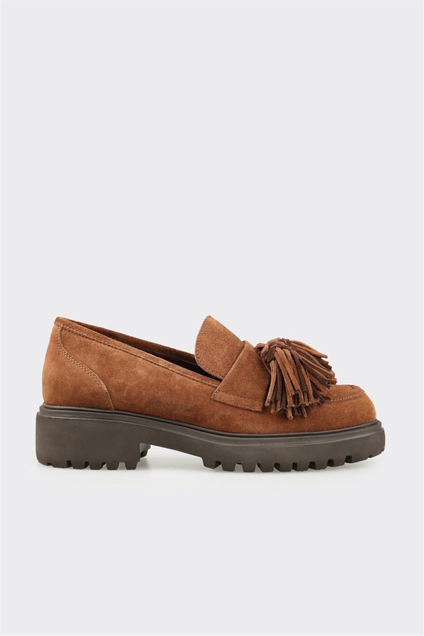Taba deri örgü dokulu kadın loafer, ofis stili için - Elle Shoes
