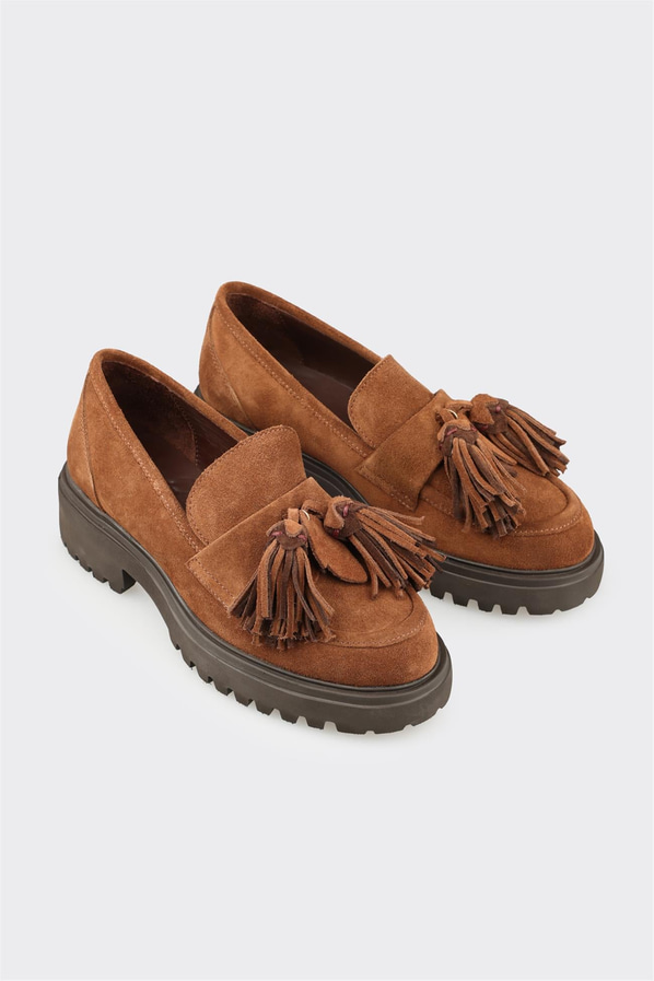 Taba deri örgü dokulu kadın loafer, ofis stili için - Elle Shoes
