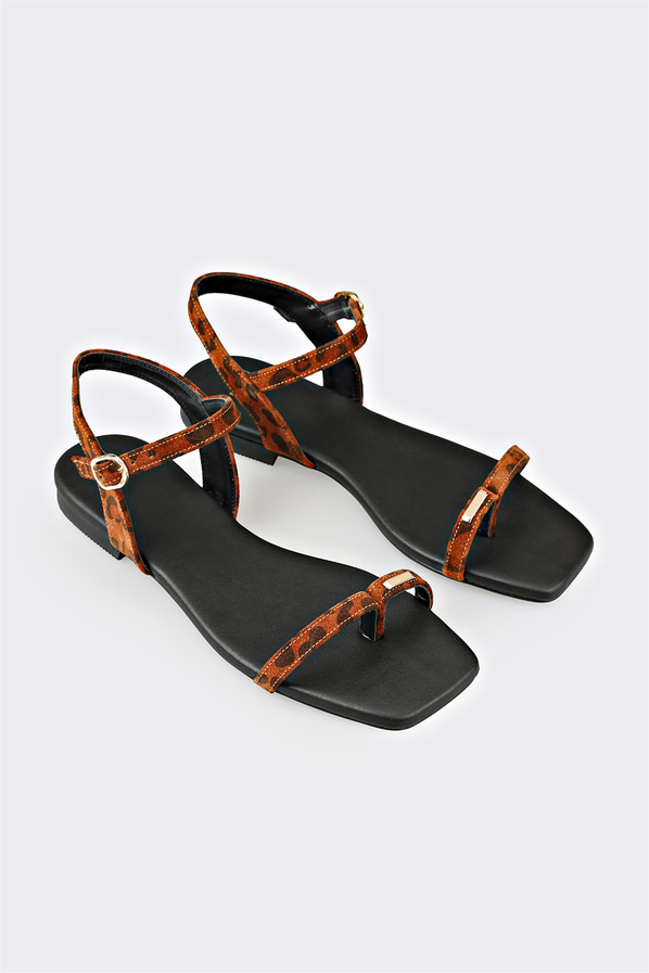Taba deri örgü dokulu kadın düz sandalet - Elle Shoes