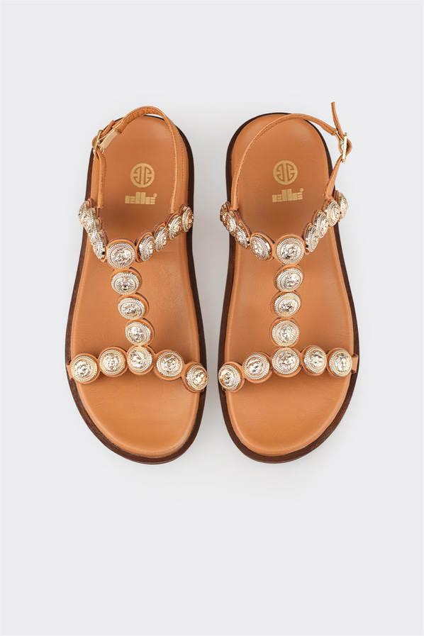 Taba deri düz örgü dokulu kadın sandalet, rahat kullanım için - Elle Shoes