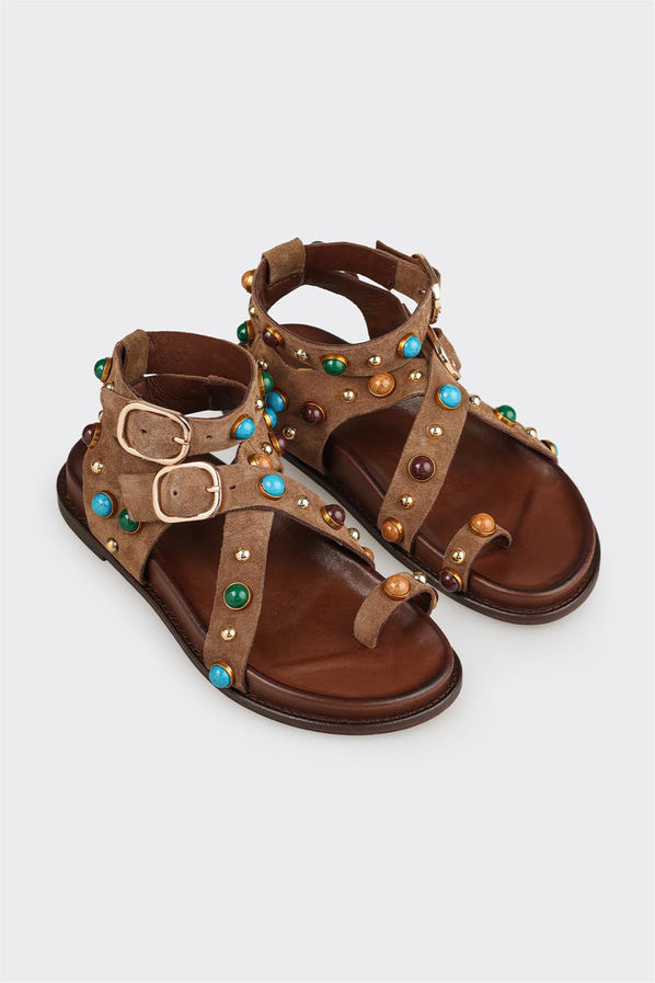Taba deri düz örgü dokulu kadın sandalet, rahat kullanım için - Elle Shoes