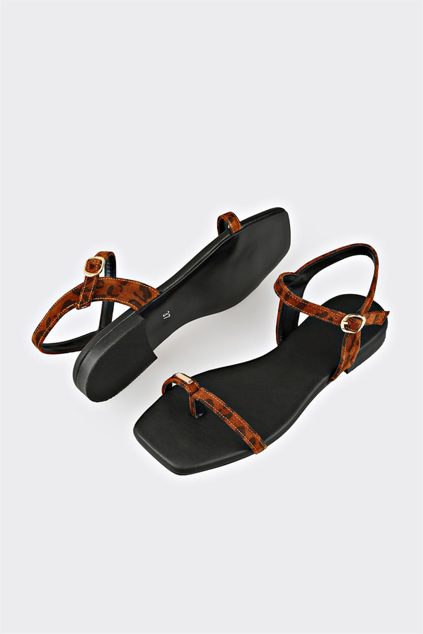 Taba deri örgü dokulu kadın düz sandalet - Elle Shoes