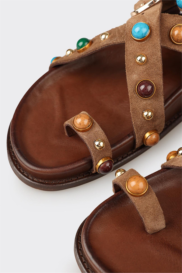 Taba deri düz örgü dokulu kadın sandalet, rahat kullanım için - Elle Shoes