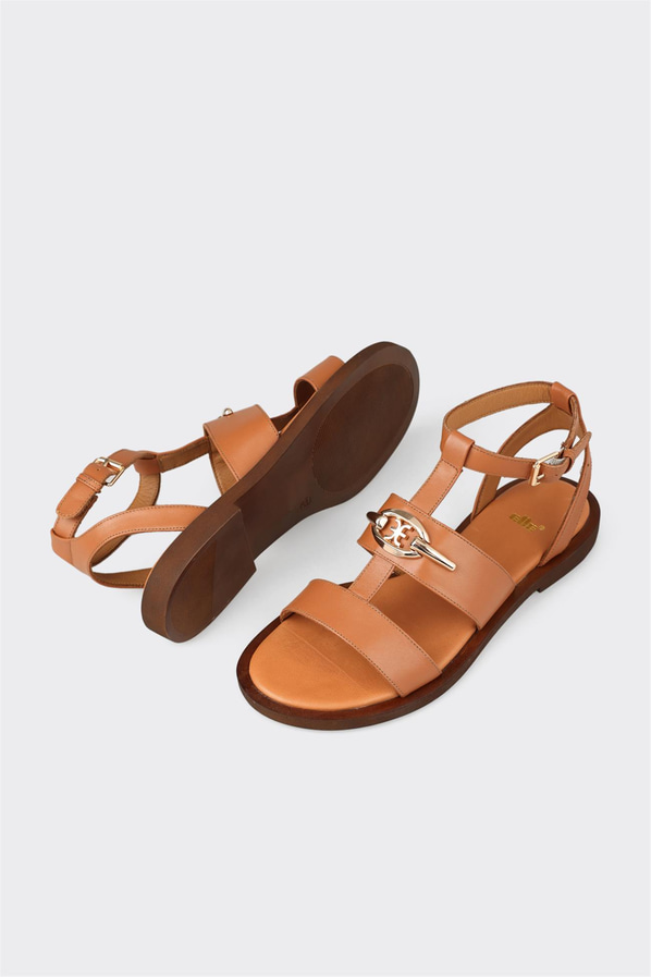 Taba deri örgü dokulu kadın düz sandalet, rahat kullanım için - Elle Shoes