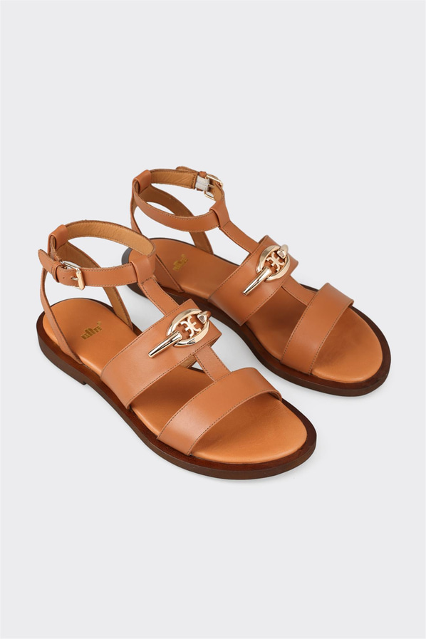Taba deri örgü dokulu kadın düz sandalet, rahat kullanım için - Elle Shoes