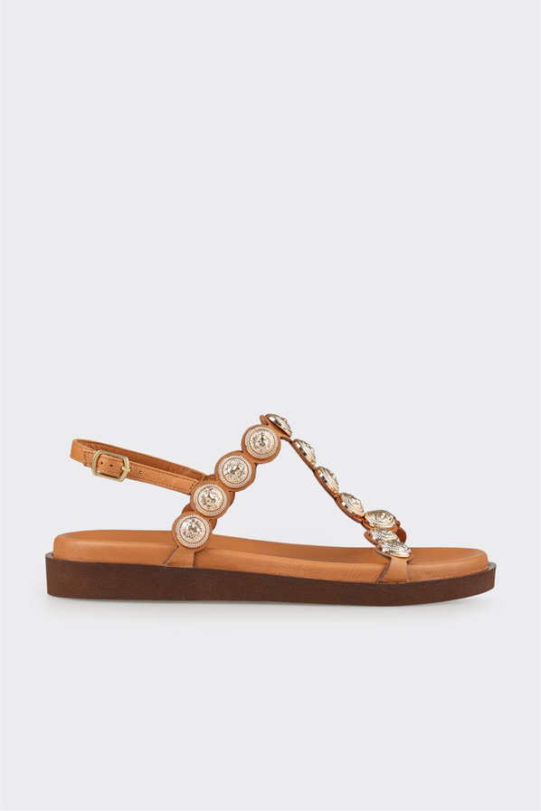 Taba deri düz örgü dokulu kadın sandalet, rahat kullanım için - Elle Shoes