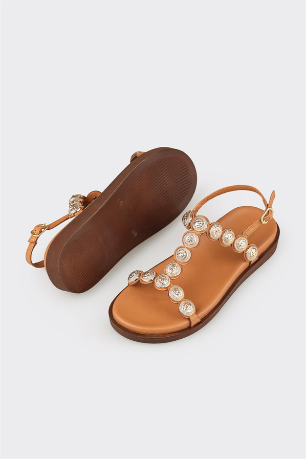 Taba deri düz örgü dokulu kadın sandalet, rahat kullanım için - Elle Shoes