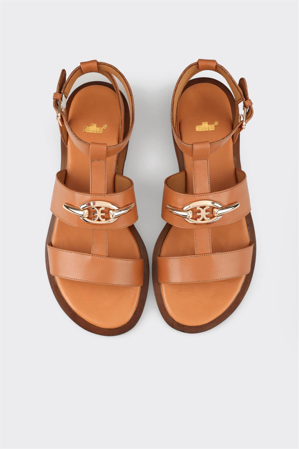 Taba deri örgü dokulu kadın düz sandalet, rahat kullanım için - Elle Shoes