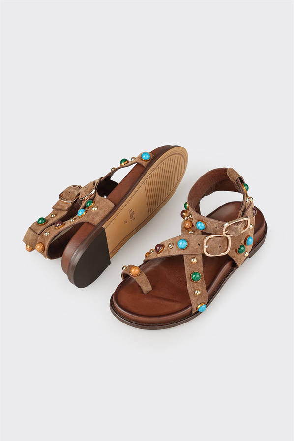 Taba deri düz örgü dokulu kadın sandalet, rahat kullanım için - Elle Shoes