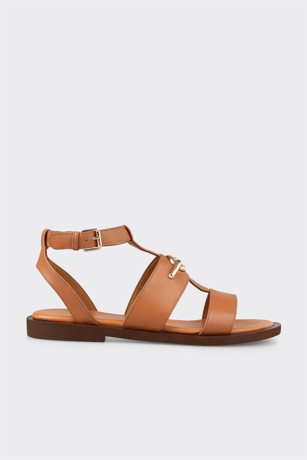 Taba deri örgü dokulu kadın düz sandalet, rahat kullanım için - Elle Shoes
