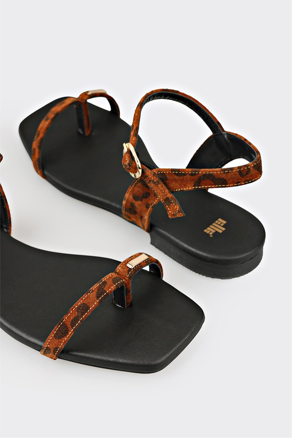 Taba deri örgü dokulu kadın düz sandalet - Elle Shoes